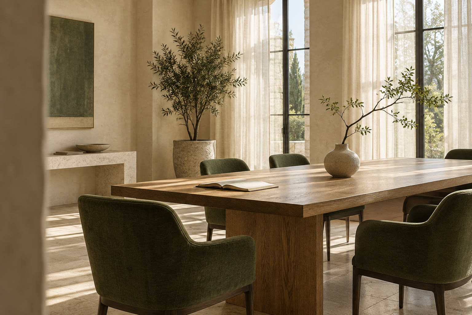 A calm studio meeting space with an oak table, green chairs, and natural light