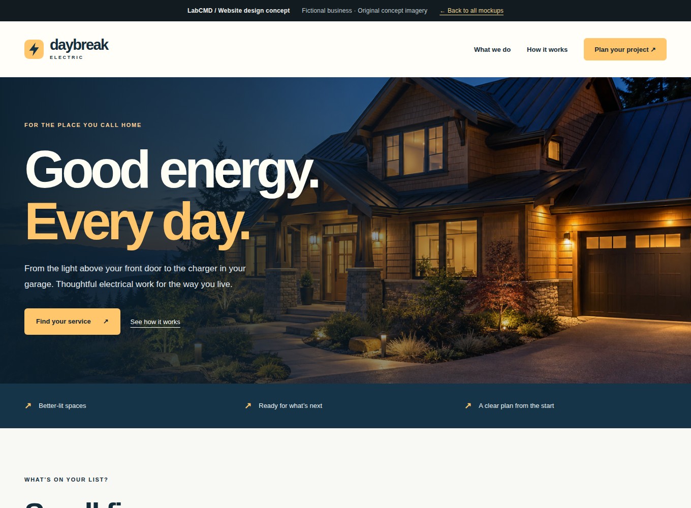 Daybreak Electric website mockup with a bold navy and amber identity and a warmly lit home