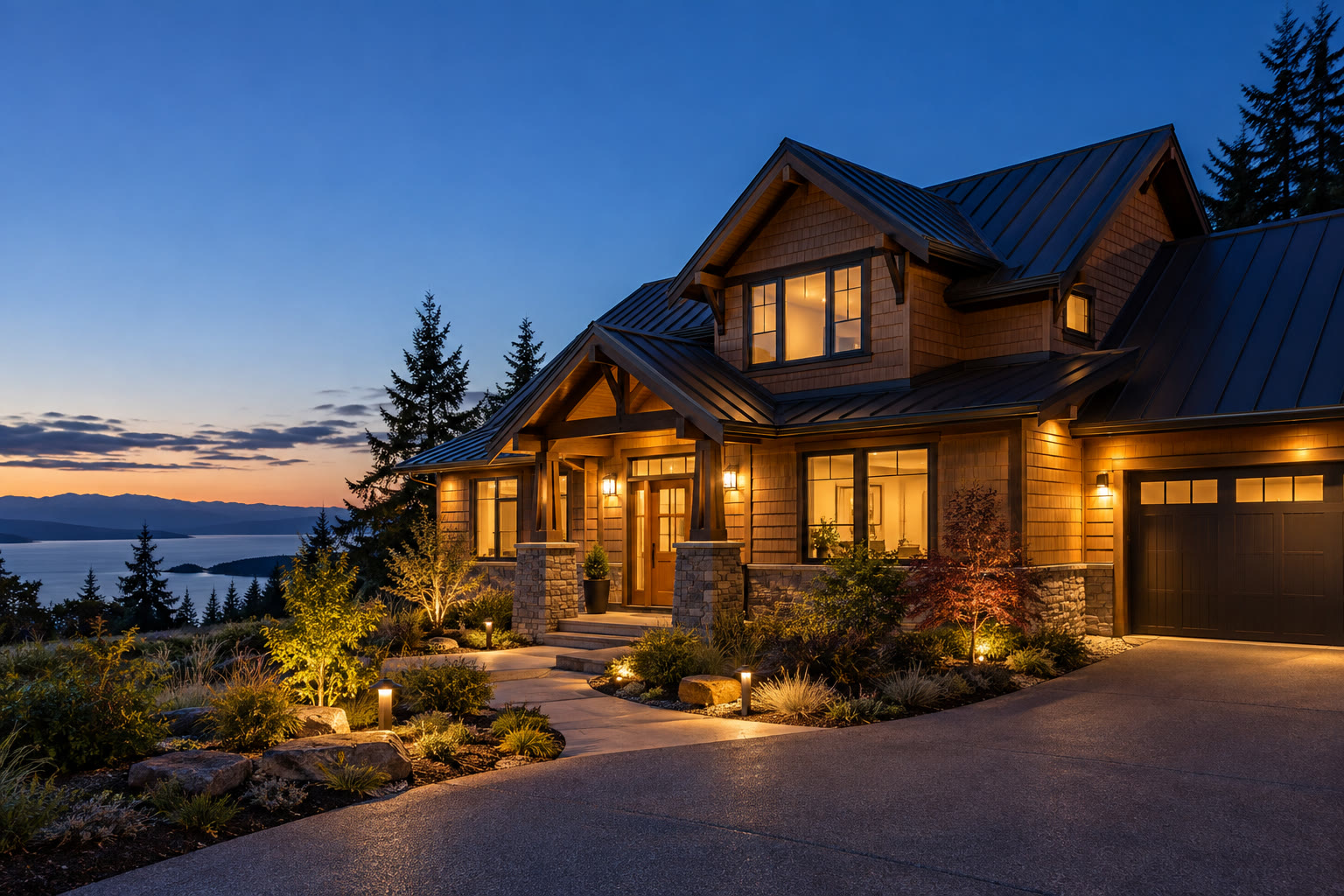 A welcoming home at dusk with warm porch lighting and illuminated garden paths