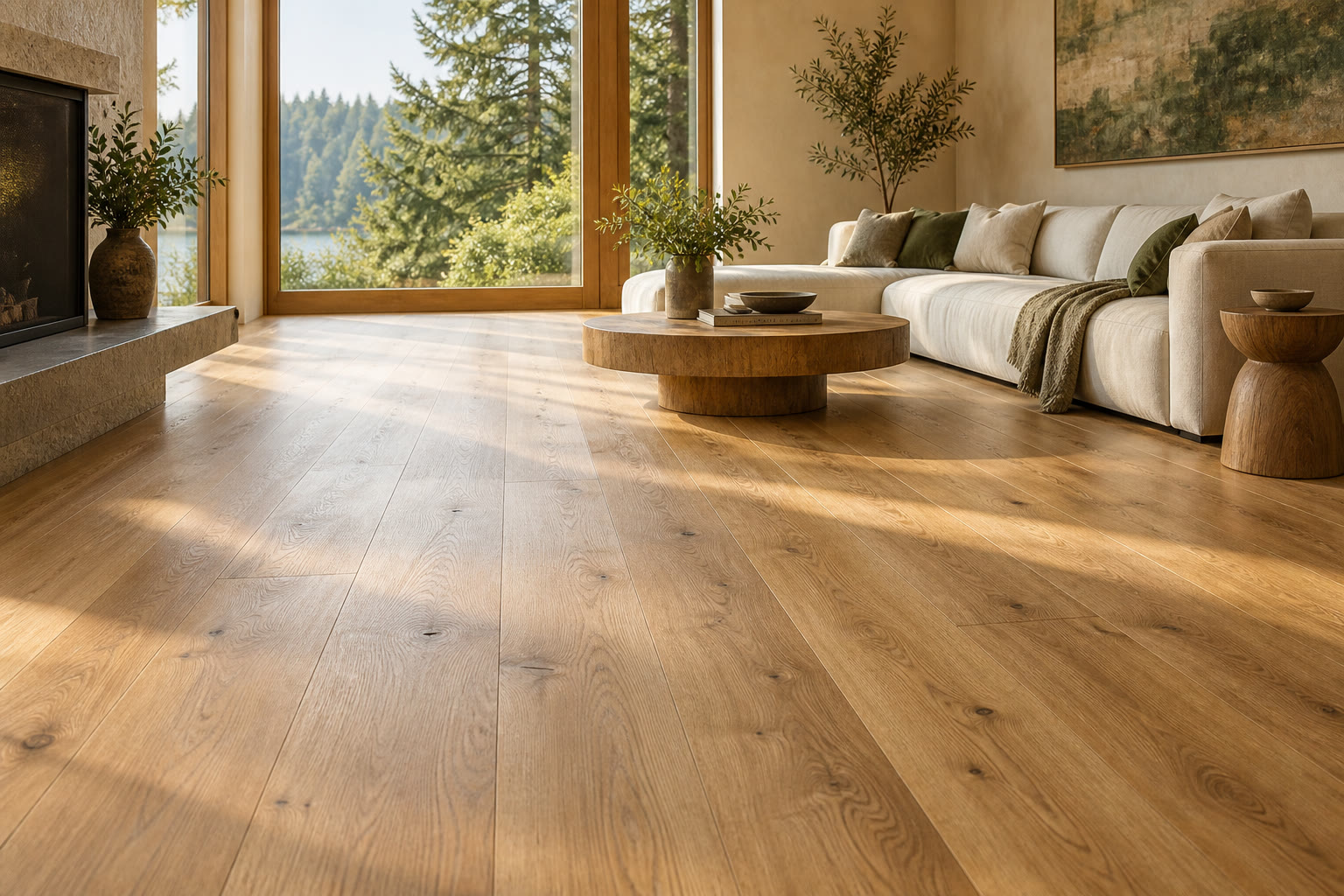 An inviting living room with clearly visible wide-plank oak hardwood flooring