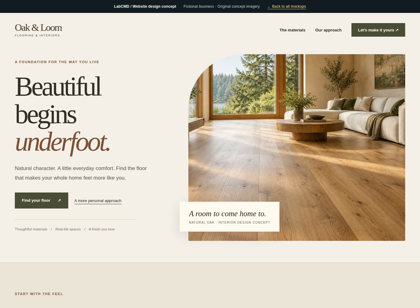 Oak and Loom website mockup with warm editorial typography and an oak-floored living room