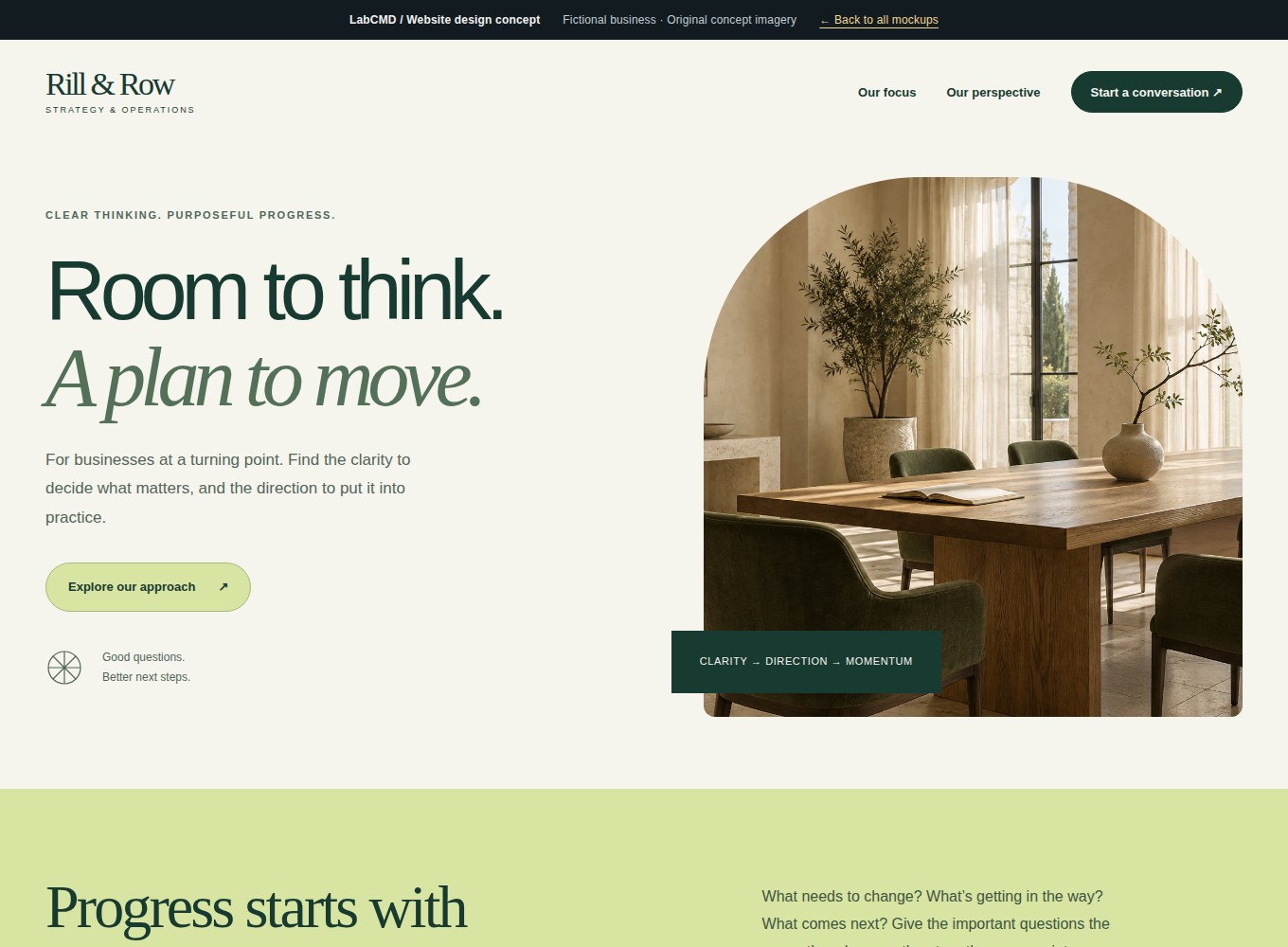 Rill and Row website mockup with a refined green palette and a calm studio meeting space